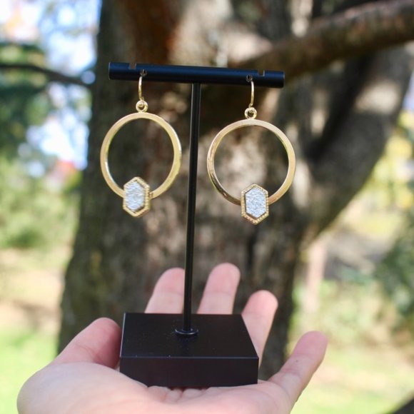 New Anthro Gold Druzy Sparkle Hoops Drop Earrings - Picture 6 of 12